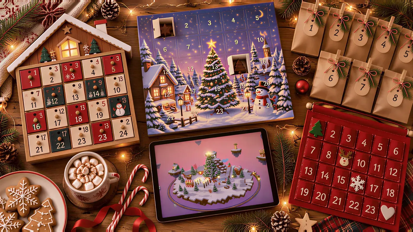 A wooden house advent calendar, a chocolate calendar, numbered paper bags, a felt pocket calendar and a tablet showing Cubemas on a festive table