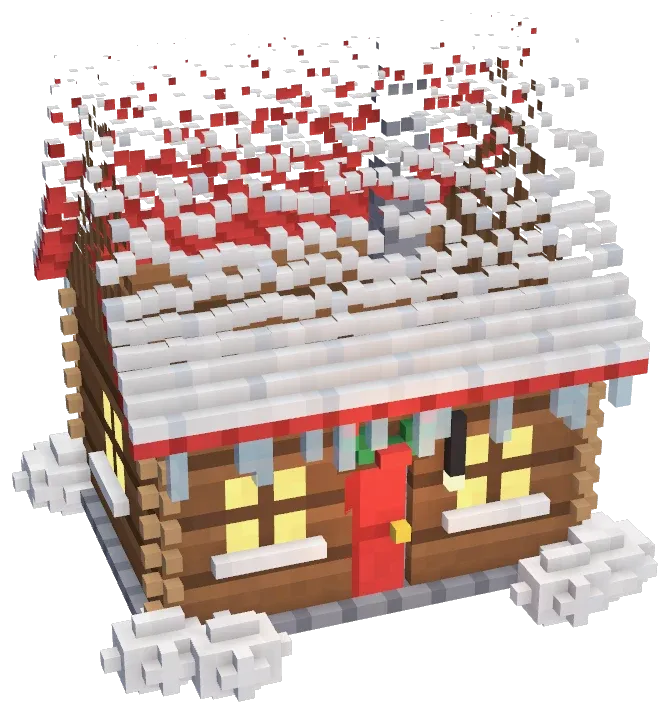 A log cabin half-way through building itself, blocks still flying into place