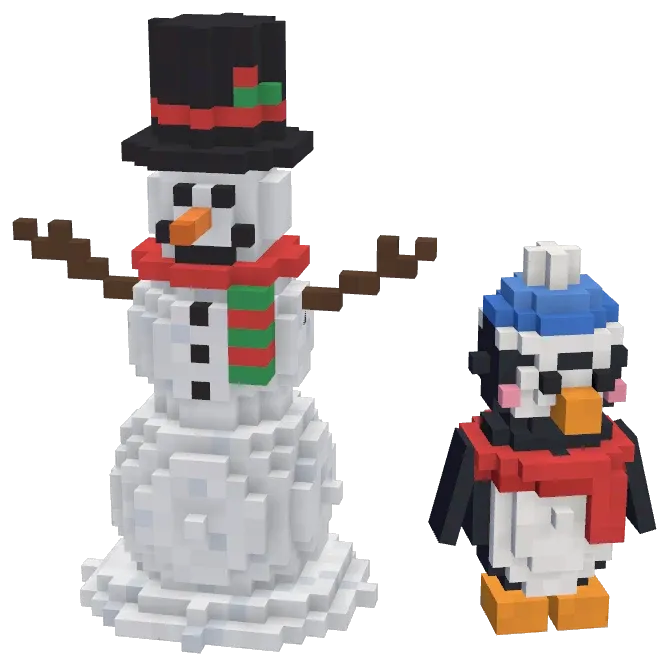 A blocky snowman in a top hat next to a penguin in a woolly hat