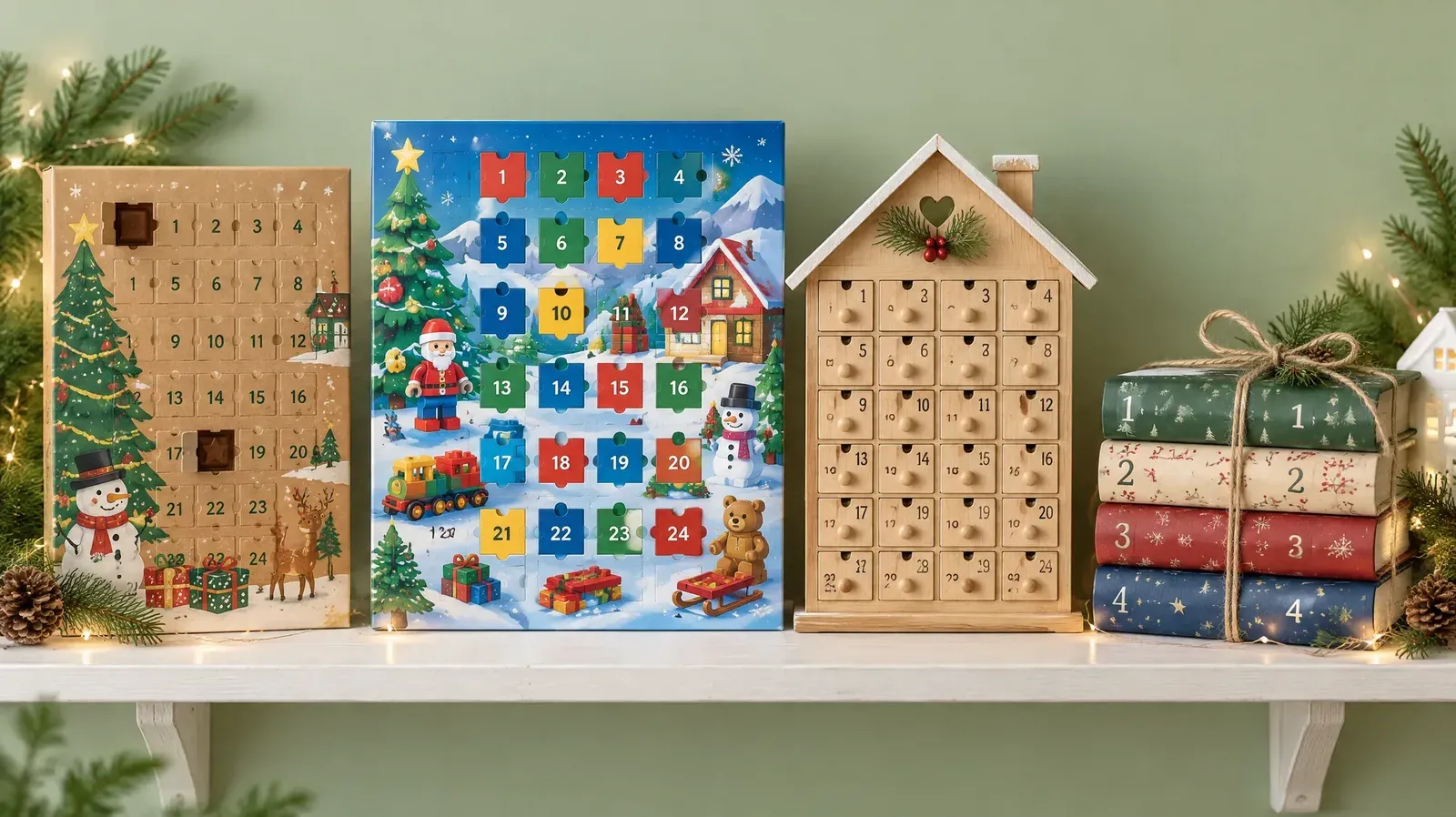 Four different advent calendars for kids lined up on a shelf: chocolate, toy, wooden house and wrapped books