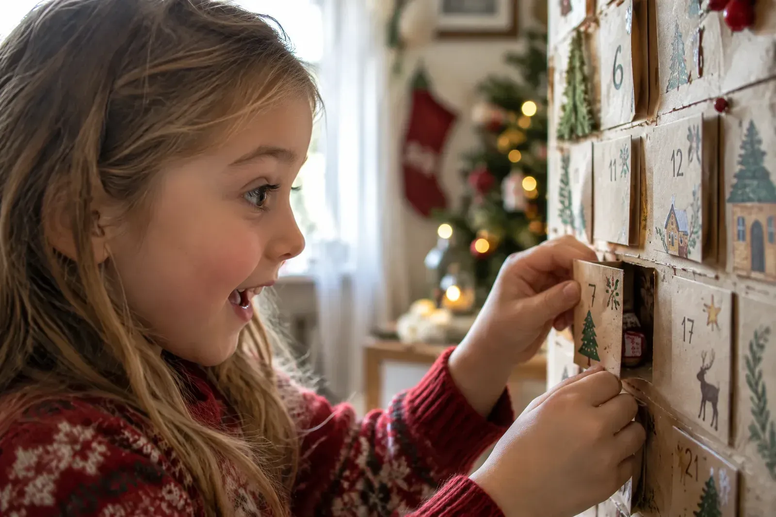 A young girl with wide eyes opening a small numbered door on a paper advent calendar