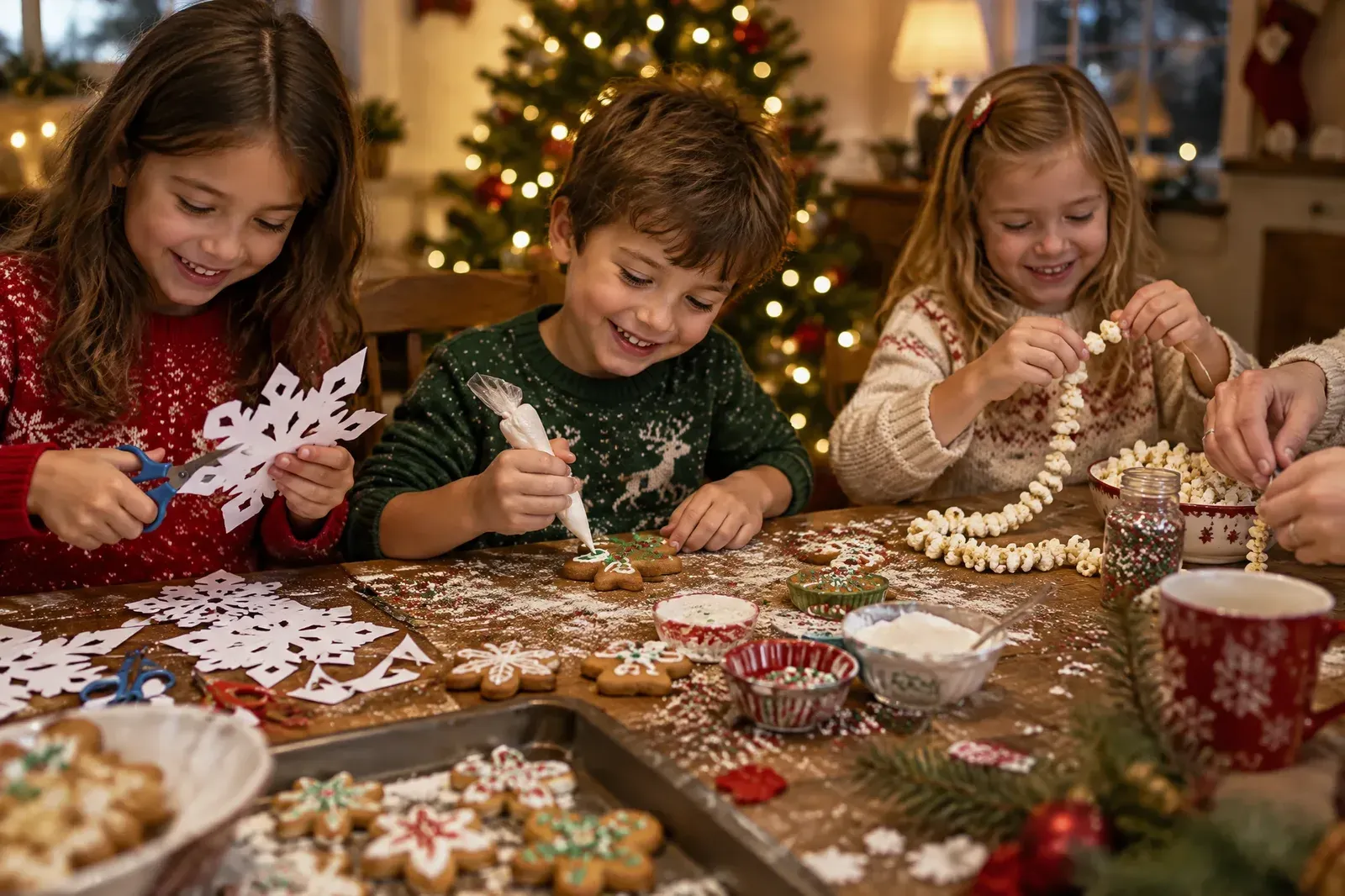 Three kids at a kitchen table cutting paper snowflakes, icing gingerbread cookies and stringing popcorn garland