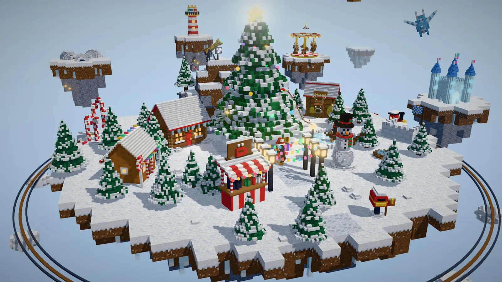 A snowy blocky island with cabins, a Christmas tree, a snowman and floating islands
