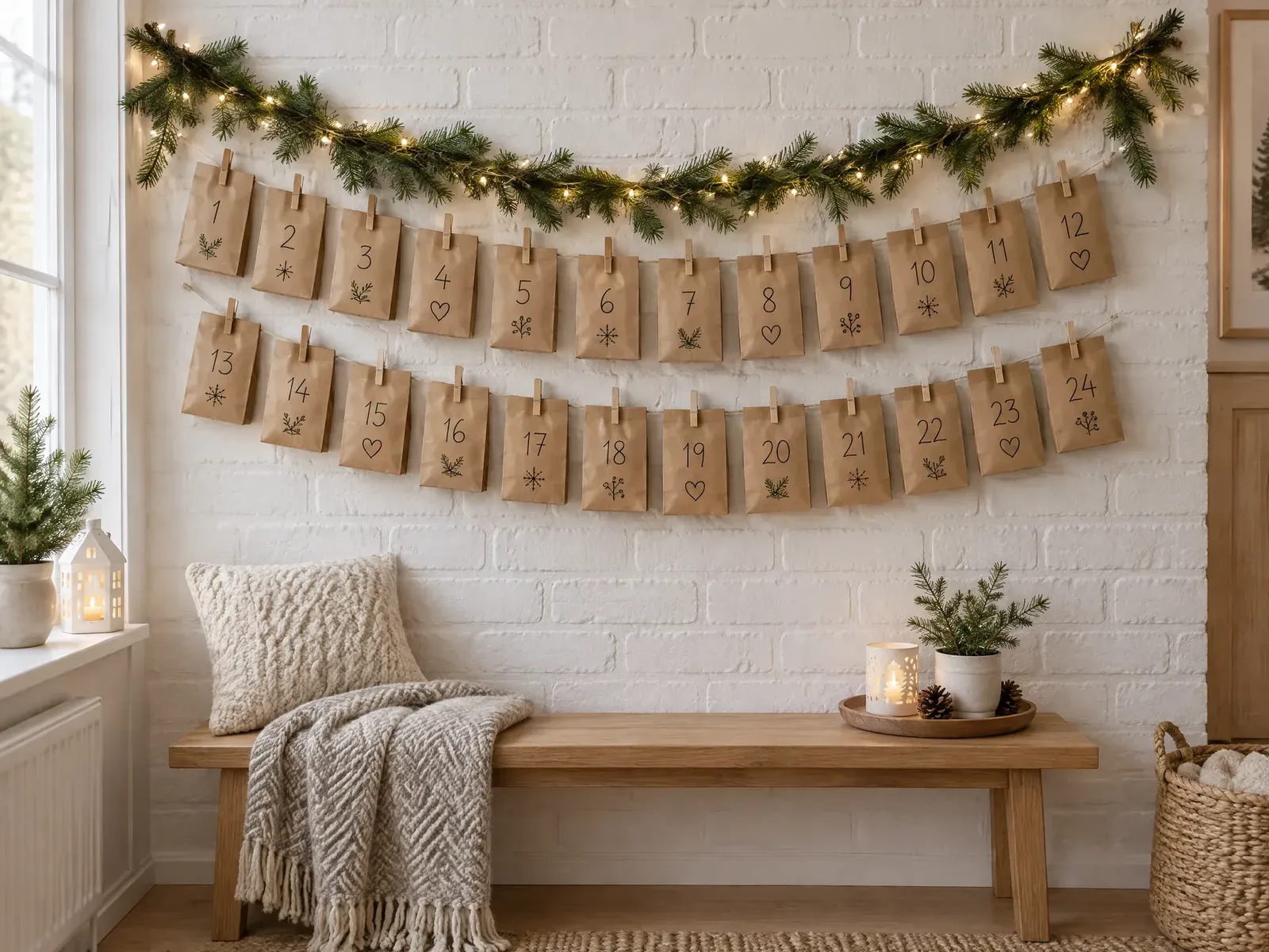 Twenty-four numbered kraft paper bags hanging on a twine garland above a bench