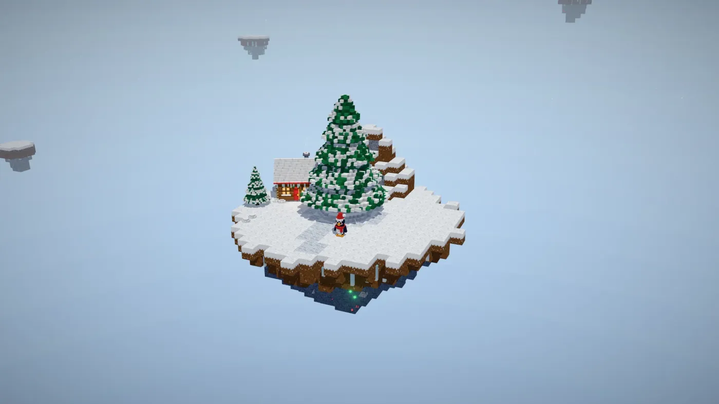 The island on December 1: a small snowy hill with one cabin and a Christmas tree
