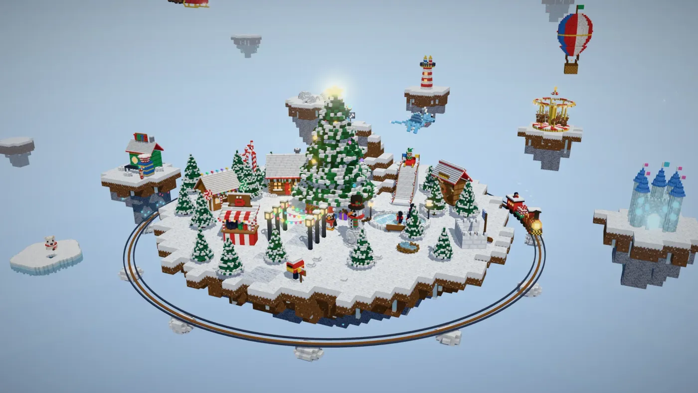 The island on Christmas Day: a big snowy village with a train, floating islands, a castle and a hot air balloon