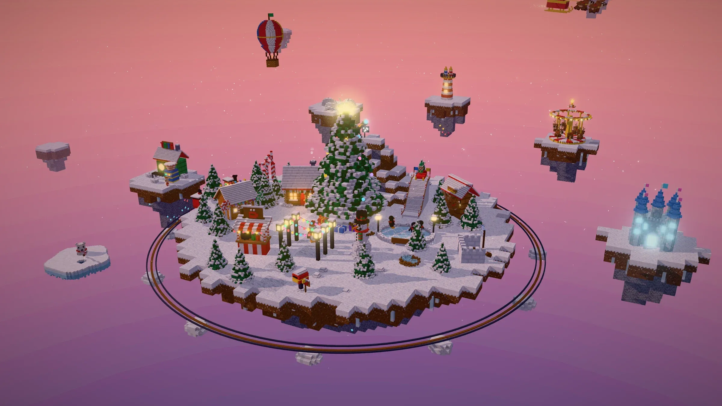 A snowy blocky island in Cubemas at sunset, with a big Christmas tree, cabins, a train and floating islands