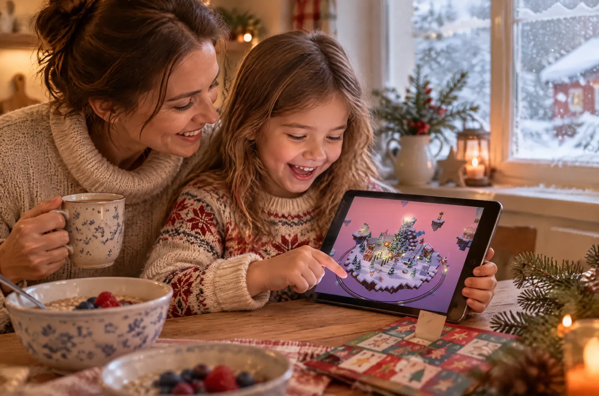 A mother and her young daughter laughing at the kitchen table while the girl plays an advent calendar game on a tablet