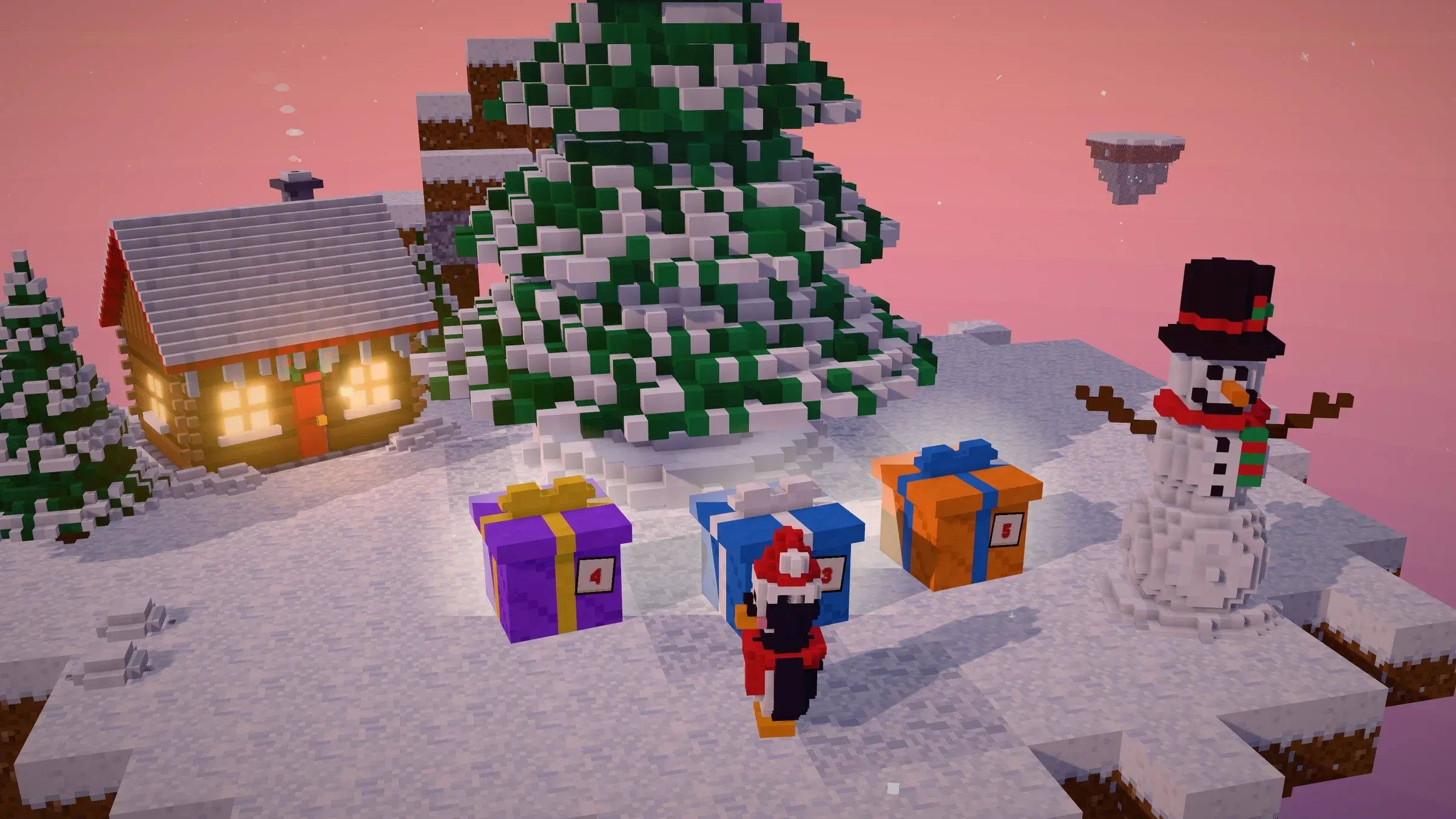 Three wrapped presents with number tags waiting by the Christmas tree on a snowy island
