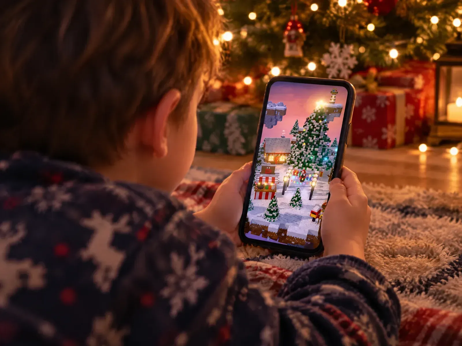 A child lying on a rug by the Christmas tree, playing a blocky Christmas village game on a phone