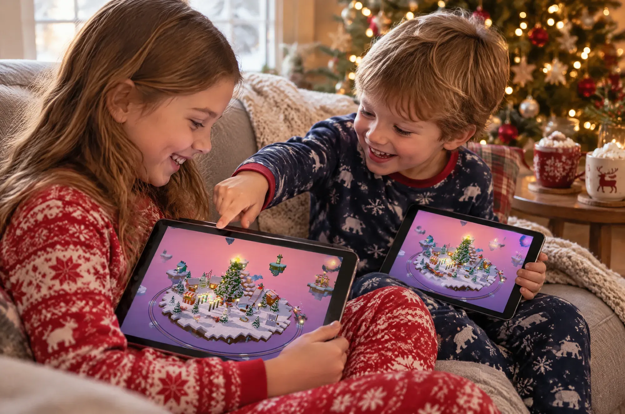 A girl and her little brother on the sofa in pajamas, each playing Cubemas on their own tablet