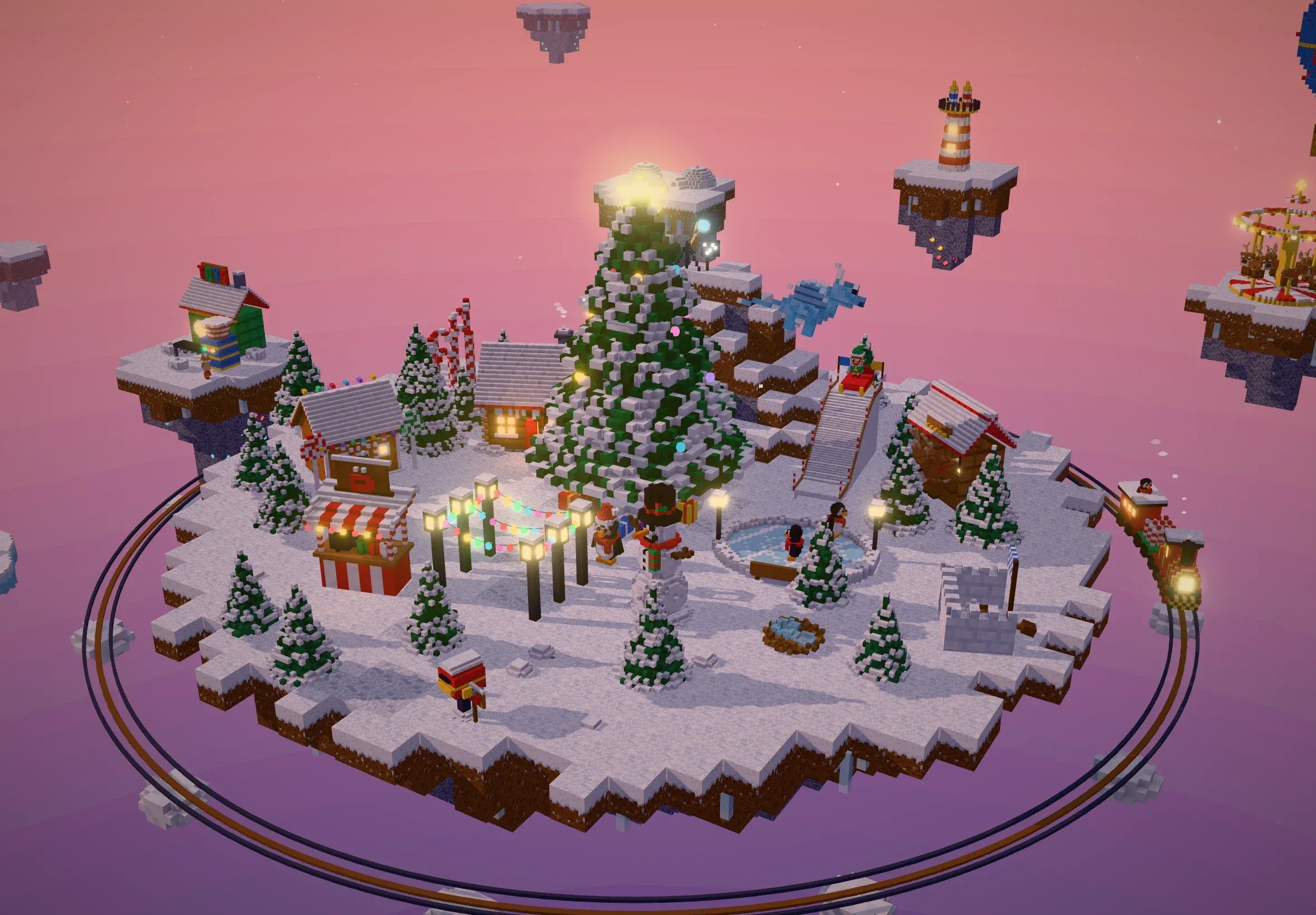 A snowy blocky island in Cubemas with a village, a Christmas tree, a train and floating islands